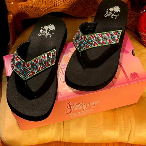 Jelly Pop sandals, black w/ multicolored rhinestones, 8M, new - Picture 1 of 3